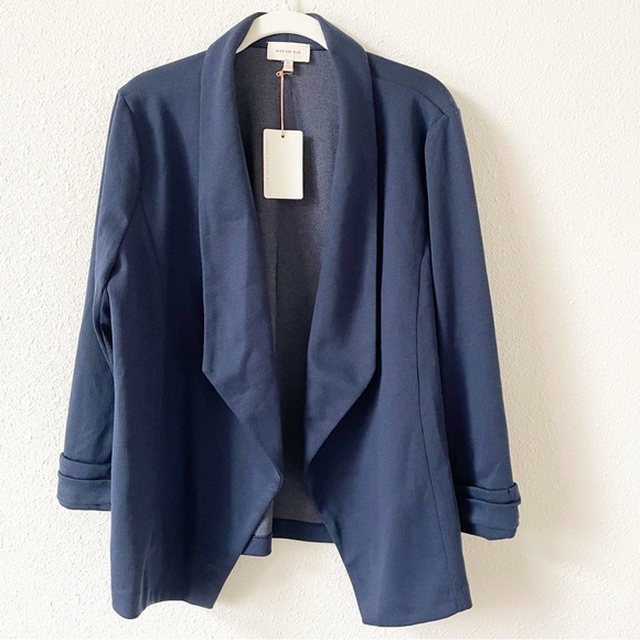 Skies Are Blue Ruched Sleeve Rib Knit Blazer Navy Size XL - Picture 10 of 10